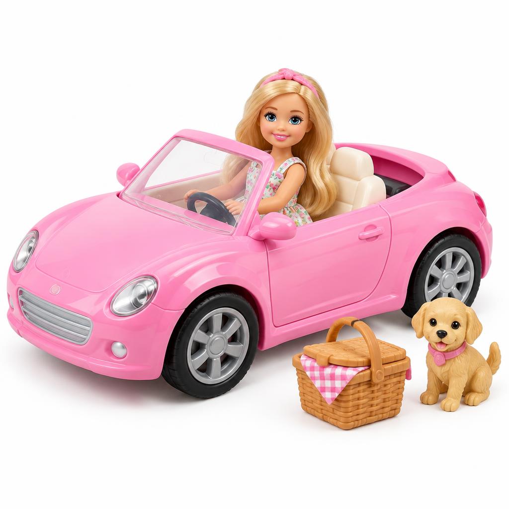 Carro Conversível Rosa com Mini Boneca, Cesto e Pet
