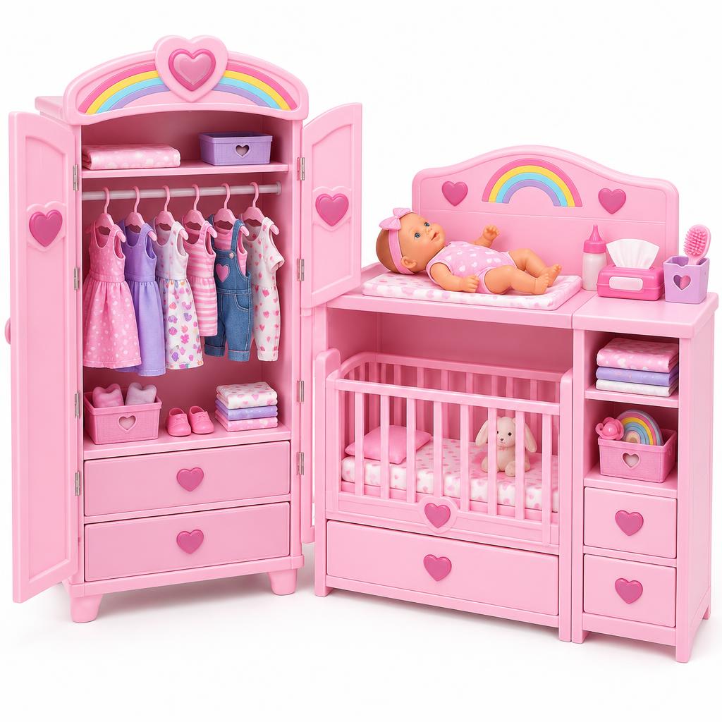 Quarto dos Sonhos de Boneca 2 em 1 com Guarda-Roupa e Berço