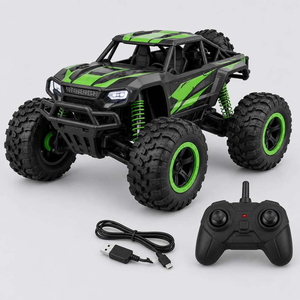 Carrinho de Controle Remoto Off-Road Recarregável — Preto e Verde